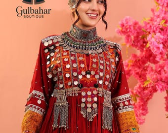 Handmade Afghan Kuchi Dress | Traditional Red Dress with Vintage Chest Embroidery, Attached Jewelry & Mirror Work | Cultural Outfit