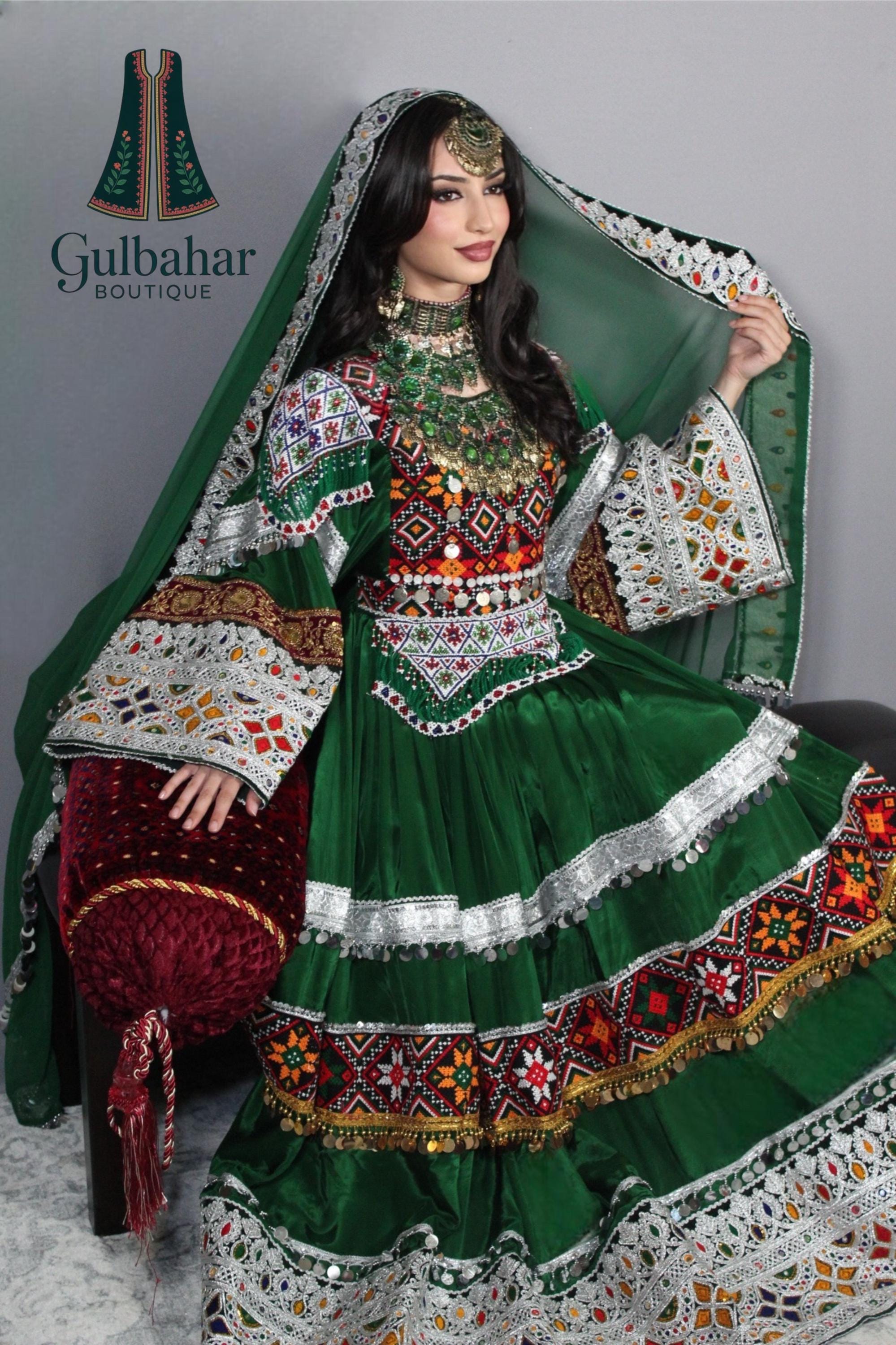 Handmade Afghan Bridal Dress | Green Traditional Kuchi Dress | Embroidered Wedding Dress with Silver & Mirror Work | Gulbahar Boutique