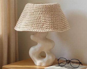 Moonspun Table Lamp — Crochet Shade & Ceramic-Look Base — Japandi Wabi-Sabi Bedside Light (E27)