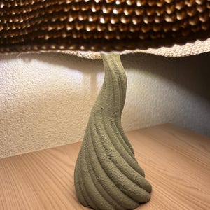 May include: A textured, olive-green, abstract sculpture with a spiral design. The sculpture is on a wooden surface, with a textured, brown, honeycomb-like structure above it.