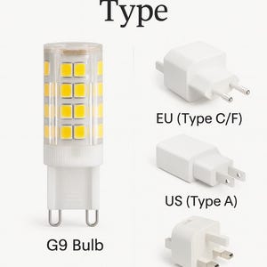 May include: Image showing different bulb and socket types. Includes a G9 bulb and three plug types: EU (Type C/F), US (Type A), and UK (Type G). Text reads "Bulb & Socket Type" and "Please enter your selected plug type in the Personalization."