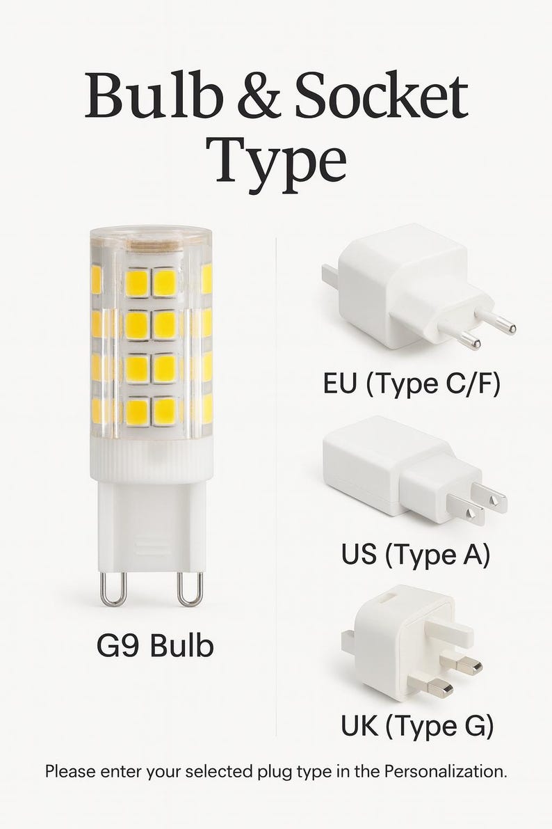 May include: Image showing different bulb and socket types. Includes a G9 bulb and three plug types: EU (Type C/F), US (Type A), and UK (Type G). Text reads "Bulb & Socket Type" and "Please enter your selected plug type in the Personalization."