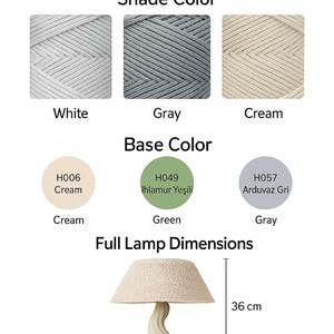 May include: A cream-colored table lamp with a textured shade and a swirled base. The lamp is 36 cm tall and 33 cm wide. The image also shows color options: white, gray, and cream for the shade, and cream, green, and gray for the base.