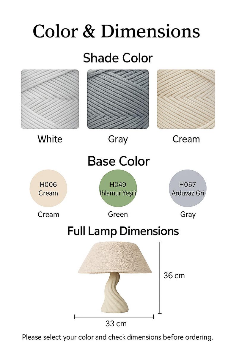 May include: A cream-colored table lamp with a textured shade and a swirled base. The lamp is 36 cm tall and 33 cm wide. The image also shows color options: white, gray, and cream for the shade, and cream, green, and gray for the base.