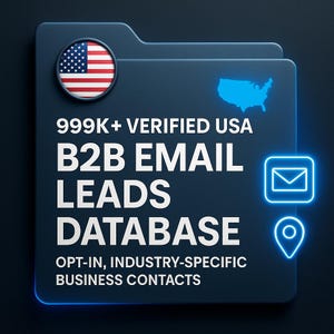 May include: Dark blue folder graphic with the text "999K+ VERIFIED USA B2B EMAIL LEADS DATABASE". Includes a circular American flag icon and a blue outline of the USA. The graphic also features an email icon and a location pin icon.