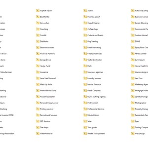 May include: A collection of yellow file folders, each labeled with various business and service categories. Categories include 'Asphalt,' 'Boat Dealer,' 'Car Restoration,' and many more, offering a comprehensive list of business types.