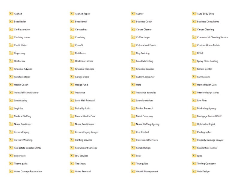 May include: A collection of yellow file folders, each labeled with various business and service categories. Categories include 'Asphalt,' 'Boat Dealer,' 'Car Restoration,' and many more, offering a comprehensive list of business types.