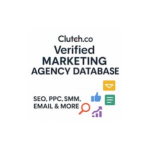 Op de afbeelding: Witte achtergrond met de tekst "Clutch.co Verified MARKETING AGENCY DATABASE". Onder de tekst staan de woorden "SEO, PPC, SMM, EMAIL & MORE" en verschillende iconen, waaronder een vergrootglas, een duim omhoog en een grafiek.