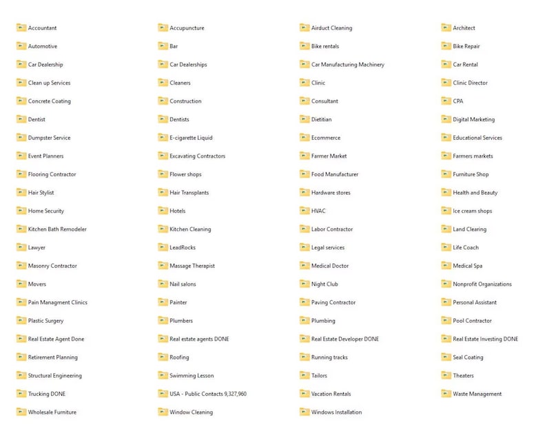 May include: A collection of yellow file folders, each labeled with a different business category. Categories include 'Accountant,' 'Automotive,' 'Dentist,' 'Real Estate Agent Done,' and many more. The image is a visual directory of various business types.