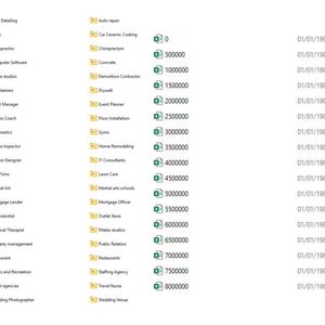 May include: A screenshot of a spreadsheet with various business categories, including "Auto Detailing," "Cafes," and "Chiropractor." Each category has an associated numerical value and a timestamp, displayed in a table format.