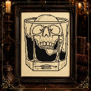 Skull Drink Cross Stitch Pattern PDF, Gothic Cocktail Embroidery Design, Creepy Skull Art, Dark Academia Halloween Decor
