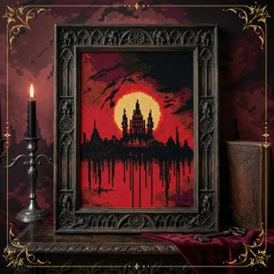 Dracula's Castle Cross Stitch Pattern, Gothic Easy Embroidery Home Decor, Printable PDF Pattern