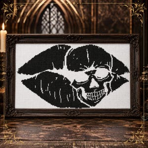 Schema per punto croce con labbra di teschio gotico, ricamo bocca di vampiro in PDF, schema per ricamo gotico dark, decorazione murale alternativa per Halloween