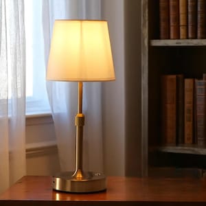 Modern Brushed Steel Table Lamp – Soft Ambient Light, Minimalist Bedside Desk Light, Warm Fabric Shade for Home & Office Decor