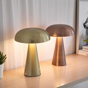 Lampe champignon moderne en cuivre - Lampe de bureau minimaliste, lampe de table tactile rechargeable, éclairage d'ambiance chaleureux, cadeau déco nordique en métal