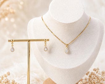 Brautschmuck Set Gold Zirkonia | Bridal Jewelry Set | Ohrringe & Kette | Hochzeit Schmuck Braut | Geschenk für sie | Minimalistisch elegant