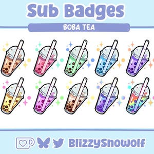 10 badges Boba Sub & Bit | Graphismes Twitch | Mignon Bubble Boba Thé au Lait Coloré