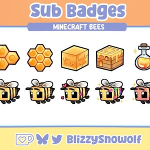 Może przedstawiać: Grafika cyfrowa z napisem "Sub Badges" i "Minecraft Bees". Obraz zawiera różne ikony o tematyce plastra miodu i pszczół, a także kilka stylizowanych pszczół w różnych kolorach i wzorach. Nazwa artysty znajduje się na dole.