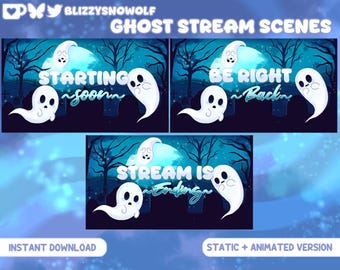 Może przedstawiać: Cyfrowe sceny strumieniowe z kreskówkowymi duchami na tle upiornego nocnego tła. Sceny zawierają tekst, który brzmi "Starting soon", "Be right back" i "Stream is ending". Projekt zawiera księżyc, drzewa i cmentarz.