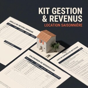 Peut inclure: Un kit de gestion et revenus pour location saisonnière comprenant des formulaires imprimés avec une grille de revenu mensuel, un calendrier de réservation et une liste de contrôle de nettoyage, avec une miniature de maison, un arbre et des clés.
