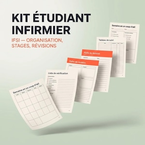 Peut inclure: Un kit étudiant infirmier composé de plusieurs feuilles imprimées avec le texte KIT ÉTUDIANT INFIRMIER, IFSI — ORGANISATION, STAGES, RÉVISIONS, Semaine en un coup d'œil, Liste de vérification, Fiche de révision et Tableau de suivi.