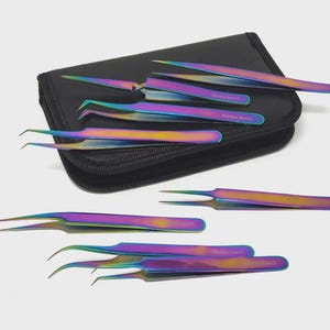 Premium Quality 8 Pcs Custom Rainbow Eyelash Tweezer Kit Engraved Name/Logo Tool Set for Professionals & Beauty Lovers Best Gift for her