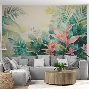 Watercolor Tropical Leaf Wallpaper: Green & Pink Jungle Mural