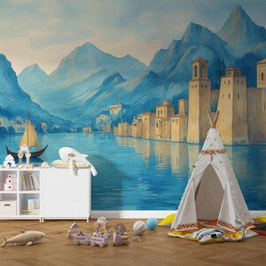 Watercolor Coastal City Mural, Kids Room Wallpaper, Nursery Wall Mural, Blue Mountains Wall Mural, Children&#39;s Room Wall Mural