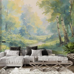 Watercolor Forest Wallpaper Mural, Peel and Stick, Self-Adhesive Wall Decor, Nature Landscape Wall Art, Calming Nursery Bedroom Wallpaper