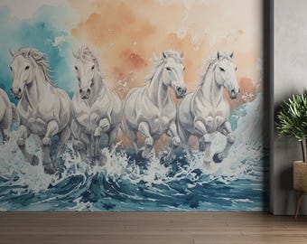 Running Horses Wallpaper Mural, Dramatic Nature Landscape, Wall Poster For Living Room, Bedroom, Office