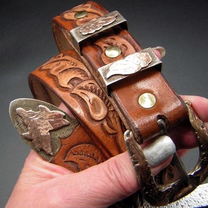 Vintage Tooled Leather Belt with Ornate Silver Buckle Tip & Keepers 37&quot; to 40&quot; Waist L / XL