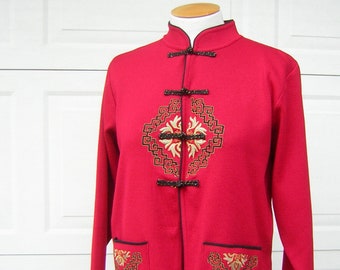 Vintage Red Cardigan Sweater Jacket MANDARIN Styling & Fancy Asian Embroidery - Size Large