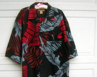 2 XL Big Kahuna Vintage Style Aloha Hawaiian Shirt Black Gray Red & Brown - Linen Rayon - New Old Stock - MINT 53" Chest