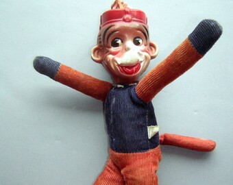 Funky Love Monkey Toy Doll - Vintage 30s Celluloid Head Corduroy Body - JAPAN