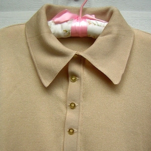 Vintage 60s Sweater IZOD of London Button Down Polo - Short Sleeve Fancy Dacron Knit - TAN - 48&quot; Chest