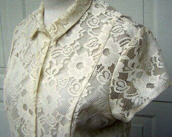 Vintage LACE Blouse WHITE Short Sleeves with Built In Modesty Camisole Size 14/Medium