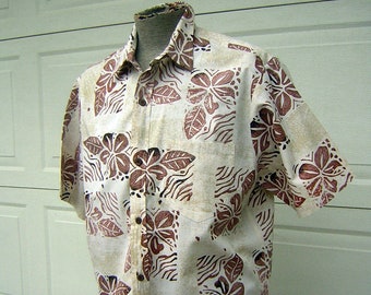 Vintage Hawaiian Shirt - Cotton Reverse Print / Coconut Buttons Woodcut Hibiscus Print Brown & Beige - Large