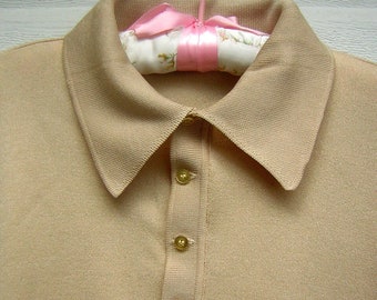 Vintage 60s Sweater IZOD of London Button Down Polo - Short Sleeve Fancy Dacron Knit - TAN - 48&quot; Chest