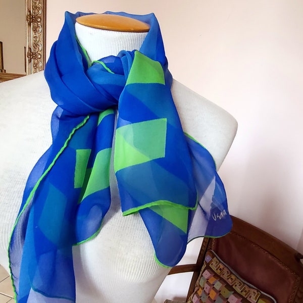 Vintage VERA Sheer Silk Chiffon Scarf - LADY BUG  Early 60s Vera Neumann / Japan Blue Green Long Rectangle