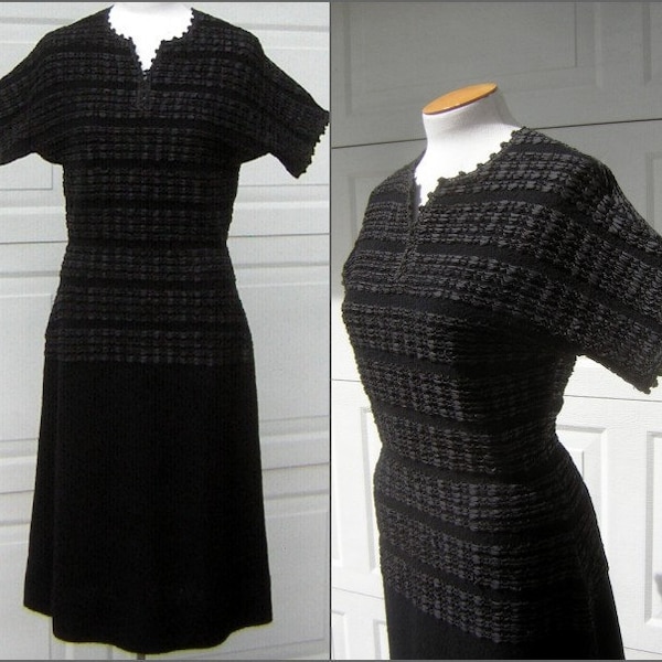 Vintage 40s Black Sweater Dress MARINETTE Zephyr Wool & Ribbon Knit - Medium to Large