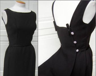 Vintage 60s Kleine Schwarze – Tailliertes Crepe Cocktail Kleid mit Strassrücken