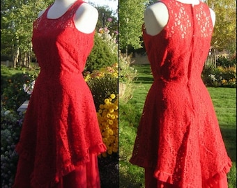 Sexy Vintage Lace Party Dress RED 50s 60s Fancy & Full Tiered Skirt Size Small