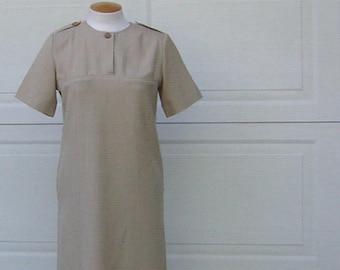 Vintage Tan Shift Dress, Linen Look Poly Blend, Size 6P