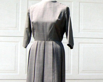 Vintage 50s Worsted Wool Dress: Gray Double Box Pleated Skirt