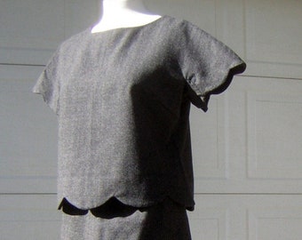Vintage 60s Two Piece Dress Set / Suit / Skirt & Top - Scalloped Short Sleeves - Custom Tailored Fully Lined Fine Charcoal Gray Wool