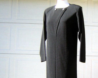 Vintage 70s Italian Wool Knit Dress - Black Ribbed Midi, Bust 42"