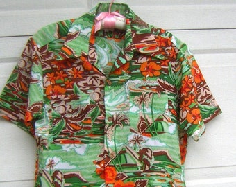 Vintage 70s Aloha Shirt - Peter Maxx inspired Hawaiian Print - M - Palm Tree of Bradford Orange & Green