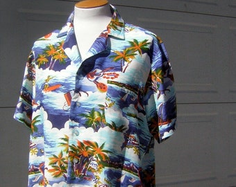 Vintage Aloha Shirt RAYON Hawaiian Surf Beach & Musical Instruments Print Maui Valley - MEDIUM Chest 47&quot;