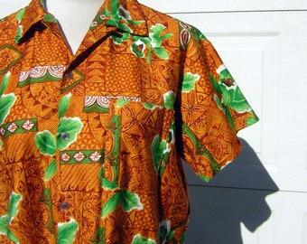 Hawaiian Aloha Shirt Vintage 60s Green Orchid Orange Tiki Print Hawaiian Imperial Label Unisex Small