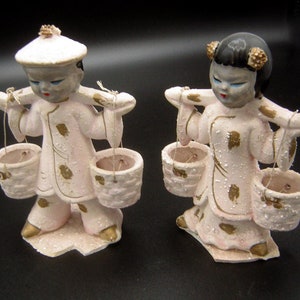 Vintage 50s Asian Kitsch Figurines Boy & Girl Water Carriers - Ceramic Spatter Glaze / Gold Accents